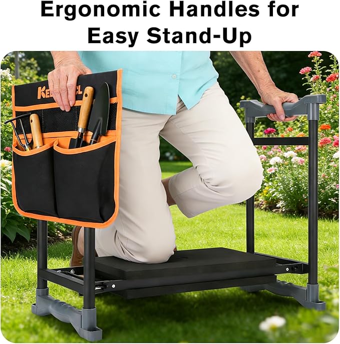 Garden Kneeler and Seat with Umbrella, 2-in-1 Foldable Gardening Stool with Adjustable Bracket, Detachable Tool Bags, Heavy Duty Kneeling Pad for Gardening (Black Orange)