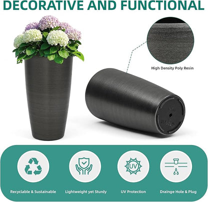 22.8" Large Planters Pot Set of 2 Flower Pots Tall Pots for Plants with Modern Handmade Brushed Metal Finish, Weather-Resistant for Indoor, Outdoor, Deck and Porch, Black