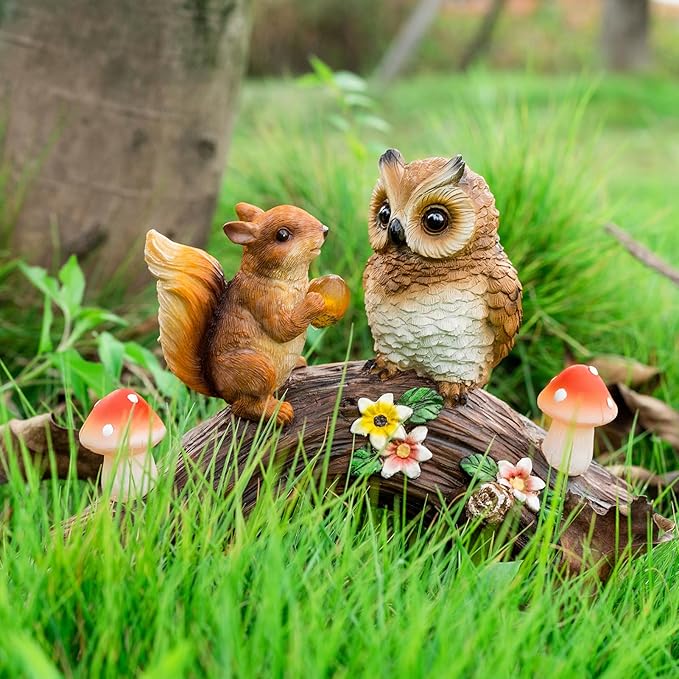 Solar Owl Garden Statues Outdoor Decor Resin Owl Squirrel Figurine with Mushroom Lights for Patio Lawn Yard Decorations Christmas Birthday Housewarming Gardening Gifts for Women Mom