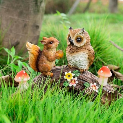 Solar Owl Garden Statues Outdoor Decor Resin Owl Squirrel Figurine with Mushroom Lights for Patio Lawn Yard Decorations Christmas Birthday Housewarming Gardening Gifts for Women Mom