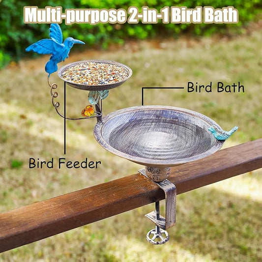 Deck Mounted Bird Bath and Feeder, 2-in-1 Balcony Metal Birdbaths for Deck Railing Outdoors, Adjustable Heavy Duty Clamp for Garden Decor Yard Lawn