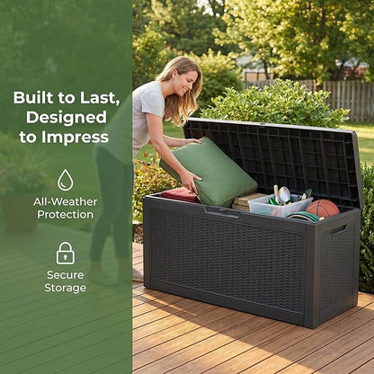 60 Gallon Deck Box, Waterproof Resin Outdoor Storage Box Lockable for Patio Furniture, Fade Resistant Patio Side Table & Organizer for Garden Tools, Pool Floats, Outdoor Cushions, Black