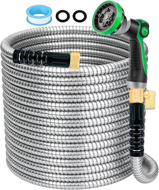 FlexiSolve Stainless Steel Garden Hose 25 ft - Heavy Duty Durable Metal Water Hose, Kink Resistant, Lightweight, Flexible, Rust Proof, UV Resistant - Ideal for Yard, Lawn, Plant Watering & Car Washing