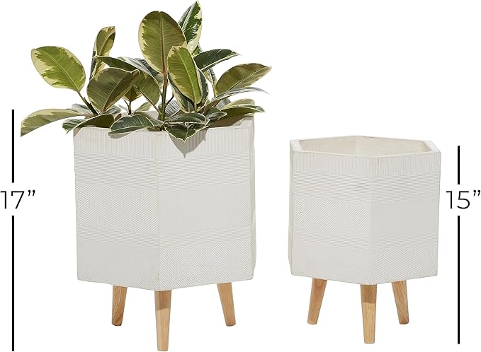 Deco 79 Magnesium Oxide Indoor Outdoor Planter Large Planter Pot with Wood Legs, Set of 2 Planters 15", 17"H, White