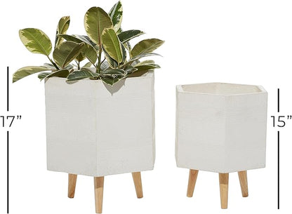 Deco 79 Magnesium Oxide Indoor Outdoor Planter Large Planter Pot with Wood Legs, Set of 2 Planters 15", 17"H, White