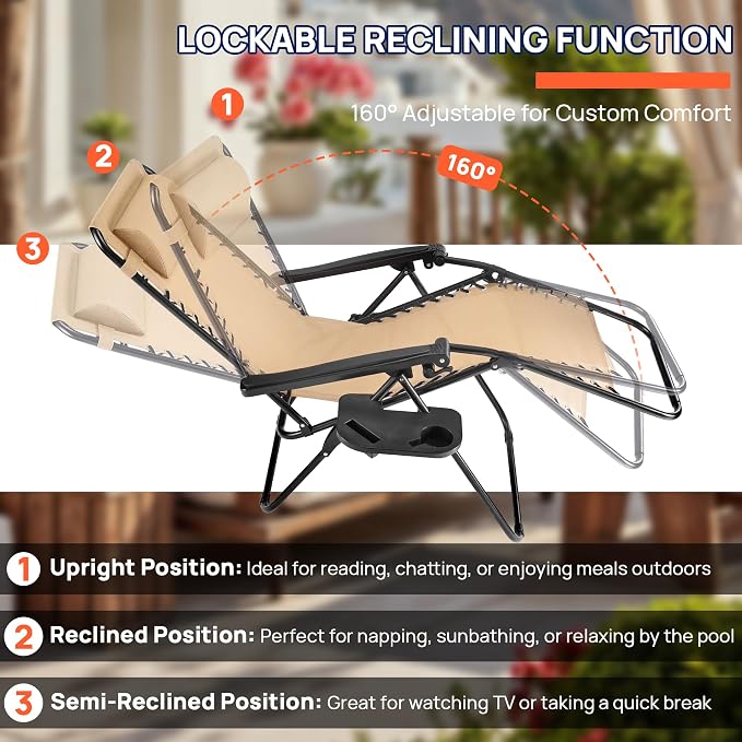 Alpen Set of 2 Outdoor Chairs, Lounge Chair with Cup Holder, Grey Foldable Tanning Chair for Poolside Patio Backyard and Outdoor Camping, Khaki