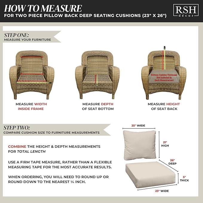 RSH DECOR: Deep Seating Cushion with Pillow Back| 23”x26”Seat |All-Weather Spun Fabric|Water&Fade-Resistant | Outdoor Chair Cushion Set for Patio Furniture | Oakmont Hightown Festival - Made in USA
