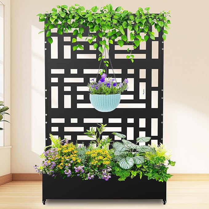 Nexum Metal Planter Box with Trellis & Wheels, 71"x47"x16" Planter Boxes Outdoor with Drainage Holes, Privacy Planters for Patio, Balcony, Backyard, Poolside