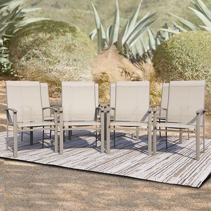 Patio Dining Chairs Set of 8, Outdoor Dining Chairs with High Back, Metal Outdoor Chair Set with Comfort and Durability, Patio Chair for Deck Lawn Kitchen Garden Backyard, Ivory