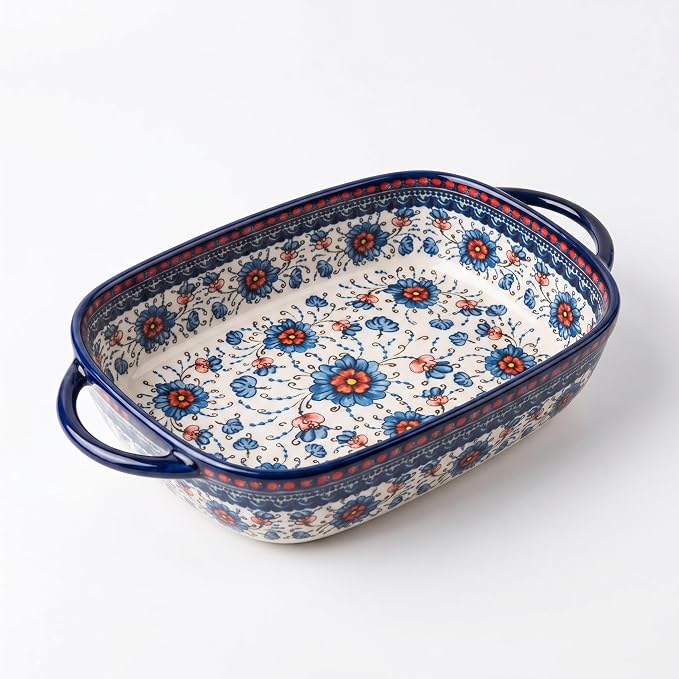 Ceramic Baking Dish with Handles, ceramic bakeware，Hand-painted Polish Pottery Baking Dish Set of 2,Baking Pan Lasagna Pan, Rectangular, Floral Pattern,baking tray Oven Safe 13.22x7.5x2.8 In (blue)
