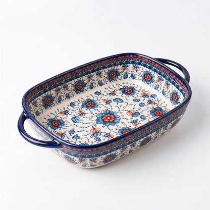 Ceramic Baking Dish with Handles, ceramic bakeware，Hand-painted Polish Pottery Baking Dish Set of 2,Baking Pan Lasagna Pan, Rectangular, Floral Pattern,baking tray Oven Safe 13.22x7.5x2.8 In (blue)