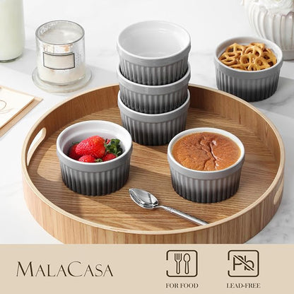 MALACASA Ramekins 8 oz Oven Safe, Large Ceramic Souffle Dishes for Baking & Serving, Stoneware Custard Cups Ramekin for Creme Brulee, Baking Bowls Set of 6, Grey, Series RAMEKIN-DISH