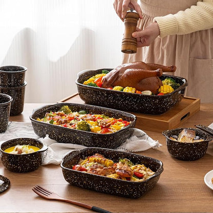 3-Pack Deep Rectangular Ceramic Baking Dishes, Heavy-Duty Oven-Safe Stoneware Casserole Pans for Lasagna Baking, High Heat Resistant Handcrafted Glazed Finish,Speckle Series(13.8''/12''/9.6'' Brown)