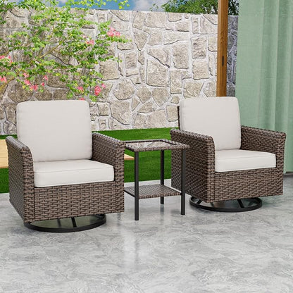 Canyon Ridge 3 Piece Outdoor Patio Bistro Set with Swivel Rocking Chairs and Side Table, Outdoor Furniture Set, Brown/Beige