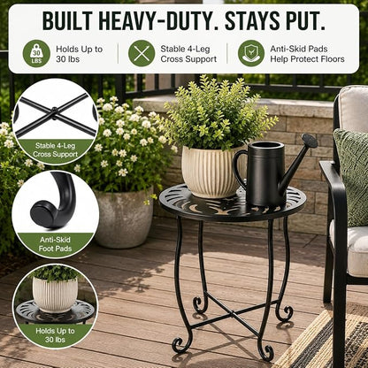 Outdoor Side Tables 2 Pack, 15" Height Tool-Free Metal Patio End Table with Monstera Pattern, Compact Space Saving Plant Stand for Balcony Porch Deck, Weather Resistant, Black