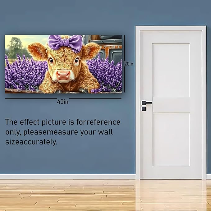 Haichuang Decor Art 40x20 Inch Highland Cow Canvas Wall Art, Cute Cow with Purple Bow & Lavender Field Print, Framed Ready to Hang for Living Room Bedroom Bathroom, Farmhouse Animal Wall Decor