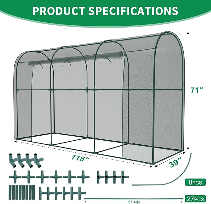 SUNYRISY Garden Plant Netting Crop Cage for Garden Raised Bed, 9.8 x 3.3 x 6 Ft Plant Cover Cage Protectors from Animal for Outdoor Plants with Frame and Zippered Door