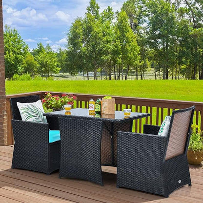 HAPPYGRILL 3PCS Outdoor Wicker Bistro Set PE Rattan Dining Table Set with Cushioned Chairs, Patio Conversation Set for Backyard Porch Garden and Poolside