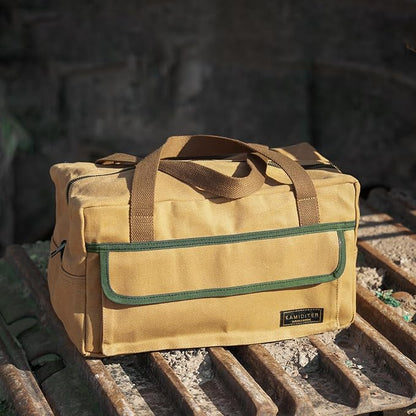 Mechanic's Waxed Canvas Small Tool Bag, Color-Blocking Design, Touch Fastener Front & Zipper-Closure Back Utility Bag (Khaki)