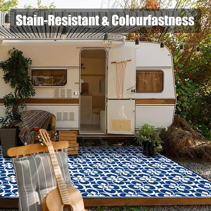 HUGEAR Outdoor Plastic Straw Rug, Waterproof Outdoor Rugs for Patios Clearance, Reversible Area Rug, Large Outside Carpet for Camping, Balcony, RV, Deck, Picnic, Beach (5x8ft Clover/Blue&White)