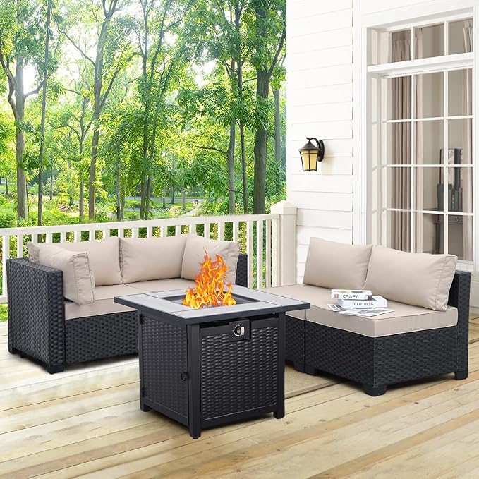 WAROOM Outdoor Patio PE Wicker 5 Piece Furniture Set, Black Rattan Sectional Conversation Sofa Chair with Square Propane Fire Pit Table, Khaki Cushion