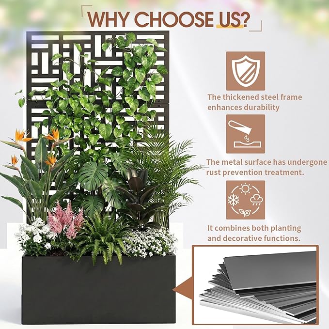 VINGLI Metal Raised Garden Bed with Trellis, Outdoor Planter Box for Climbing Vegetables, Fruits and Flowers, Privacy Screen, for Backyard, Patio, Balcony (Traditional)