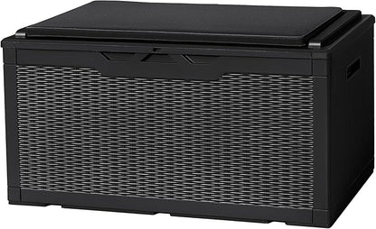 Flamaker Deck Box with Cushion 98 Gallon Waterproof Resin Storage Box with Air Rod Indoor Outdoor Lockable Storage Bench for Patio Furniture, Tools, Pool Accessories (Black)
