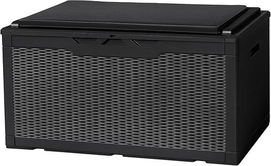 Flamaker Deck Box with Cushion 98 Gallon Waterproof Resin Storage Box with Air Rod Indoor Outdoor Lockable Storage Bench for Patio Furniture, Tools, Pool Accessories (Black)