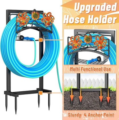 Garden Hose Holder for Outside, Freestanding Water Hose Holder Storage with Storage Basket, Heavy Duty Metal Hose Reels Hanger Stand Organizer with 4 Spikes for Yard Lawn Black