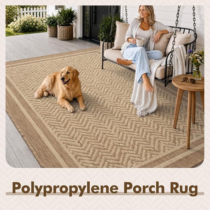 MontVoo-Outdoor Rug-Patio Rug 5x7 Polypropylene Indoor Outdoor Rugs Outdoor Carpet for Patio Deck Balcony Porch, Textured Weave, Durable for High Traffic, Fade-Resistant, Boho Farmhouse Neutral Brown