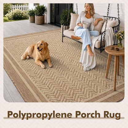MontVoo-Outdoor Rug-Patio Rug 5x7 Polypropylene Indoor Outdoor Rugs Outdoor Carpet for Patio Deck Balcony Porch, Textured Weave, Durable for High Traffic, Fade-Resistant, Boho Farmhouse Neutral Brown