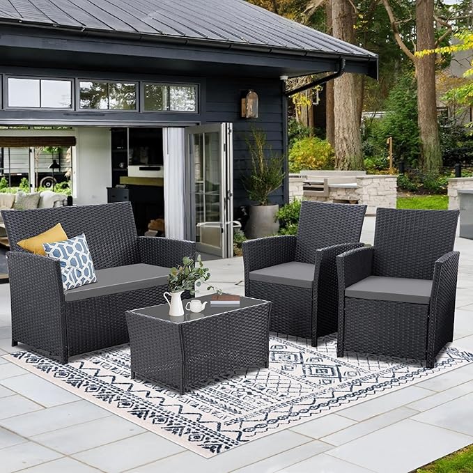 4 Piece Patio Furniture Set, Outdoor Wicker Conversation Set, Rattan Sectional Sofa Couch with Glass Coffee Table & Thick Cushion for Backyard, Porch, Garden, Poolside, Black/Grey
