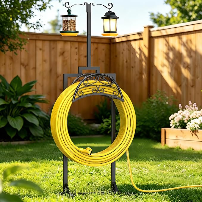 Garden Hose Holder with Shepherds Hooks - Freestanding Metal Water Hose Holder Stand Holds 150ft, Heavy Duty Garden Hoses Hanger Storage Rack for Outside Yard Lawn Farm