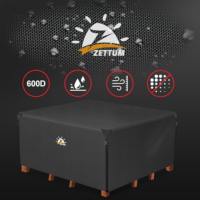 Zettum Patio Furniture Cover Square - 600D Outdoor Table Cover Waterproof & Heavy Duty, 94 Inch Large Lawn Furniture Set Covers for Outside Dining Table and Chairs Seating Combo - 94 x 94 x 28 Inch