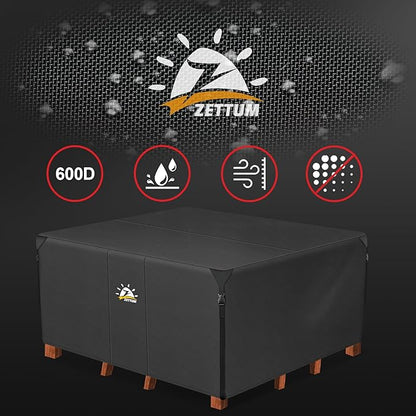 Zettum Patio Furniture Cover Square - 600D Outdoor Table Cover Waterproof & Heavy Duty, 94 Inch Large Lawn Furniture Set Covers for Outside Dining Table and Chairs Seating Combo - 94 x 94 x 28 Inch