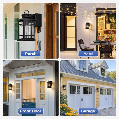 Outdoor Wall Light Fixtures with GFCI Outlet, Black 2-Pack Dusk to Dawn Outside Lighting Fixture, Waterproof Anti-Rust Exterior Lights Fixtures, Porch Light for Front Door, Garage, Backyard