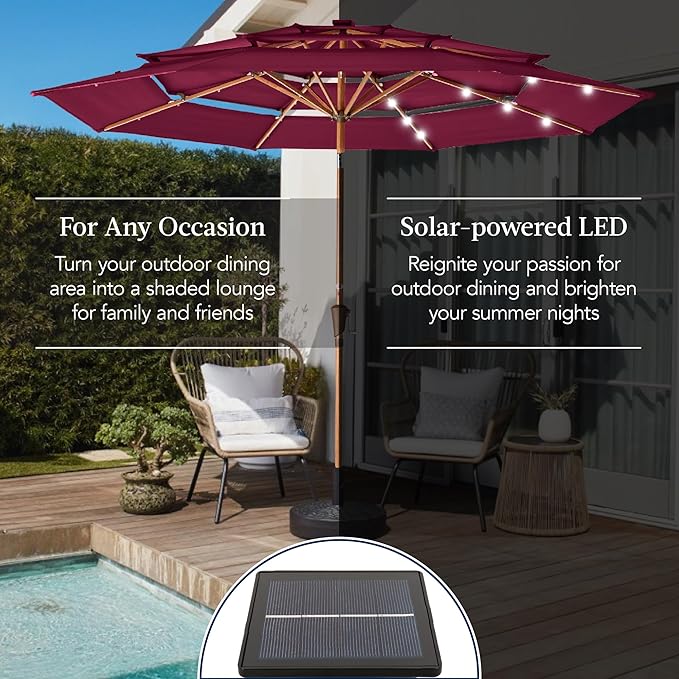Best Choice Products 10ft 3-Tier Solar Patio Market Umbrella, Outdoor Sun Shade for Backyard, Deck, Poolside, Table w/Woodgrain Pattern, LED Lights, Tilt Adjustment - Burgundy