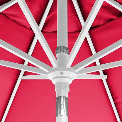 California Umbrella 5-Year-Non-Fading, 9Ft Premium Patio Umbrella, Hand-Crank, Button-Tilt, White Frame, Solution Dyed Red Fabric