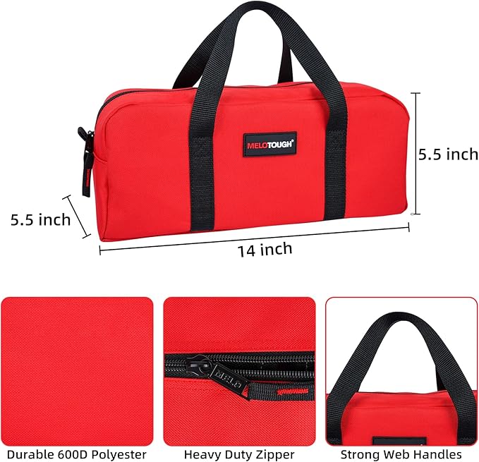 MELOTOUGH Utility Rudded Tool Bag Small Canvas Tool Bag with Zipper Combo Kit-Includes 2 Medium Tool Organizer Bags for Electrician, Plumbing, Gardening, HVAC & More (14 inch,Red&Black)