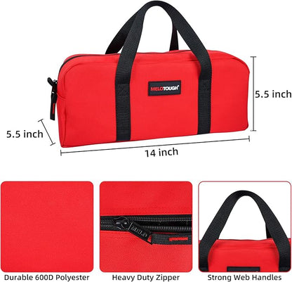 MELOTOUGH Utility Rudded Tool Bag Small Canvas Tool Bag with Zipper Combo Kit-Includes 2 Medium Tool Organizer Bags for Electrician, Plumbing, Gardening, HVAC & More (14 inch,Red&Black)