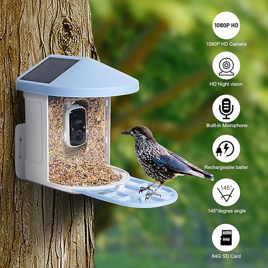 Smart Bird Feeder with Camera Solar Powered,Bird House Camera with AI Identify Birds Species,1080P HD Birds Watching Camera Auto Capture &Videos,Free 64GB SD Card,Ideal Gift for Bird Lovers