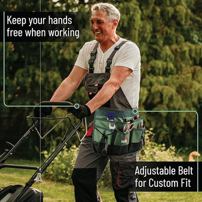 UNCO- Adjustable Gardening Belt, Green, 7 Pockets, Wear, Cut and Water Resistant, Garden Tool Belt Pouch, Waist Apron with Pockets