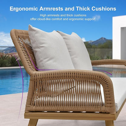 PURPLE LEAF 4-Piece Patio Conversation Set – Wicker Outdoor Furniture with Aluminum Table, 3 Rattan Chairs for 4 People, Thick Sofa Cushions, Ideal for Garden, Backyard, Lawn, or Poolside, Teak