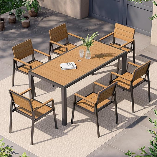 Outdoor Dining Set for 6, Patio Table and Chairs Set, Aluminum Patio Furniture Set with Umbrella Hole, HDPS Patio Dining Table Set for 6 (Gray-Teak)