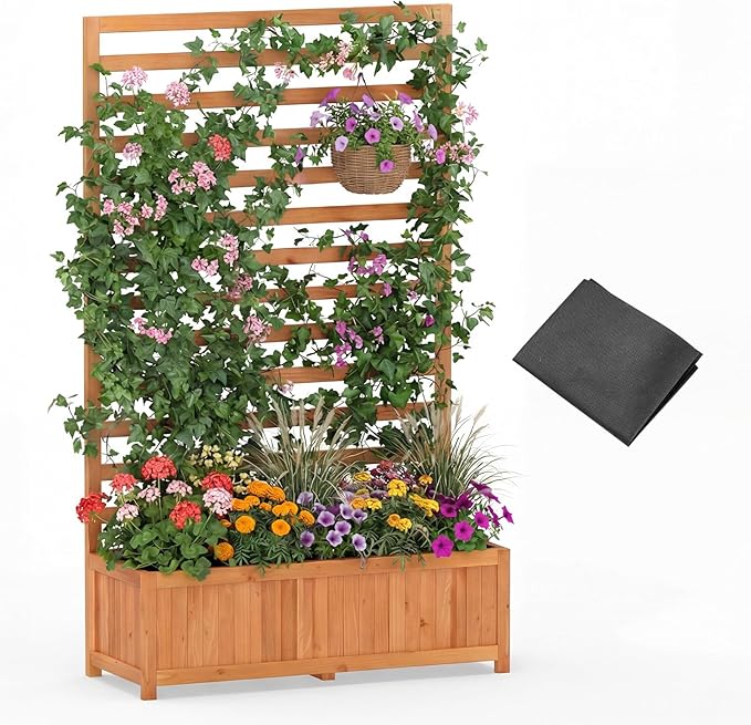 Giantex Raised Garden Bed with Trellis, 59” Tall Planter Box with Liner, Drainage Gaps for Climbing Vine Vegetable Flower, Indoor Outdoor Freestanding Privacy Screen for Porch Patio Yard
