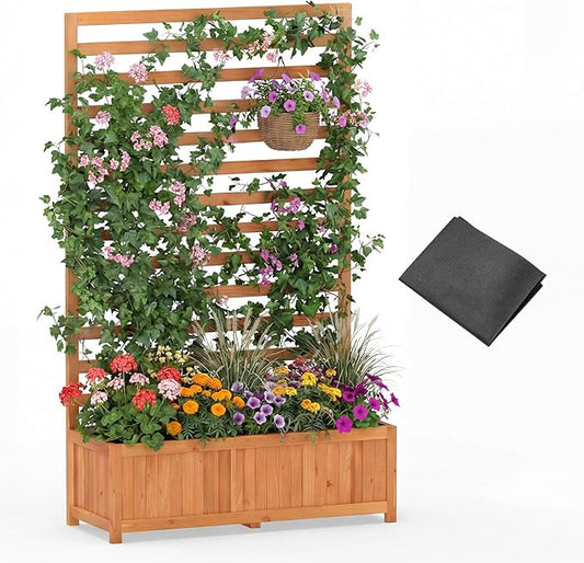 Giantex Raised Garden Bed with Trellis, 59” Tall Planter Box with Liner, Drainage Gaps for Climbing Vine Vegetable Flower, Indoor Outdoor Freestanding Privacy Screen for Porch Patio Yard