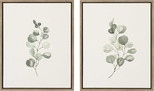 Kate and Laurel Sylvie Eucalyptus Framed Linen Textured Canvas Wall Art Set by Maja Mitrovic of Makes My Day Happy, 18x24 Gold, Decorative Botanical Art for Wall