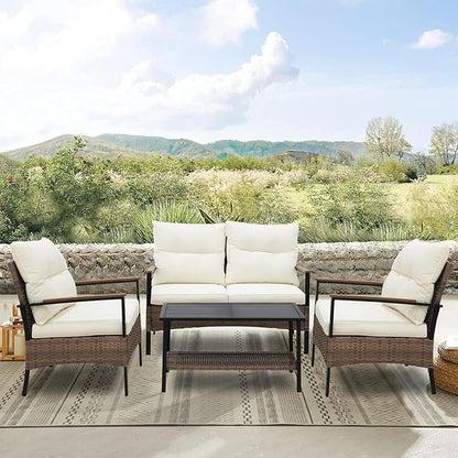 Sunset Escape Wicker Outdoor Furniture, Modern Sofa and Chair Set of 4, Rattan Patio Conversation Set, 2 Patio Chairs, Loveseat and Coffee Table, Gray/Beige