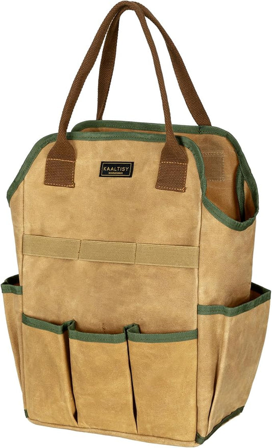 Canvas Tool Bag, 16OZ Waxed Canvas Garden Tool Tote - with 3 Inner Slots & 8 Outer Pockets & Portable Handle, Gardening Tool Storage Bag for Gardener Florist Workshop - Khaki