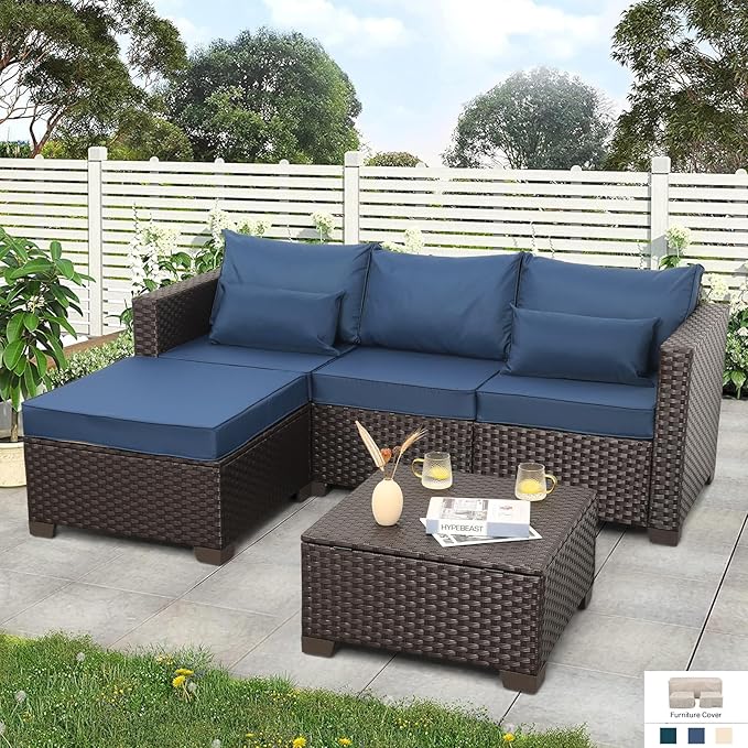Patio Furniture Set 3 Pieces Outdoor Sectional Sofa Set Wicker Patio Furniture Outdoor Couch Outdoor Ottoman Coffee Table with Storage All-Weather Anti-Slip Cushions Waterproof Covers, Navy Blue